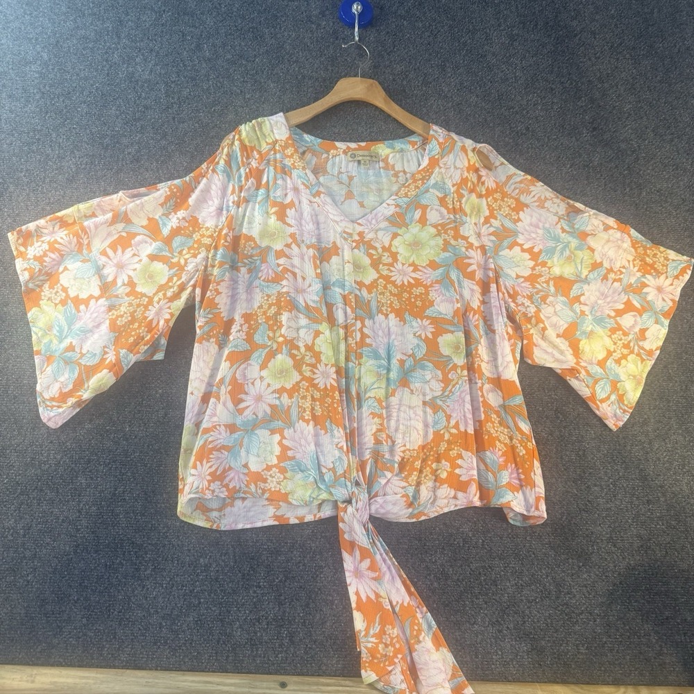 Democracy Womens Medium Floral Cold Shoulder Tie‎ Front Boho Rayon Blouse Top M